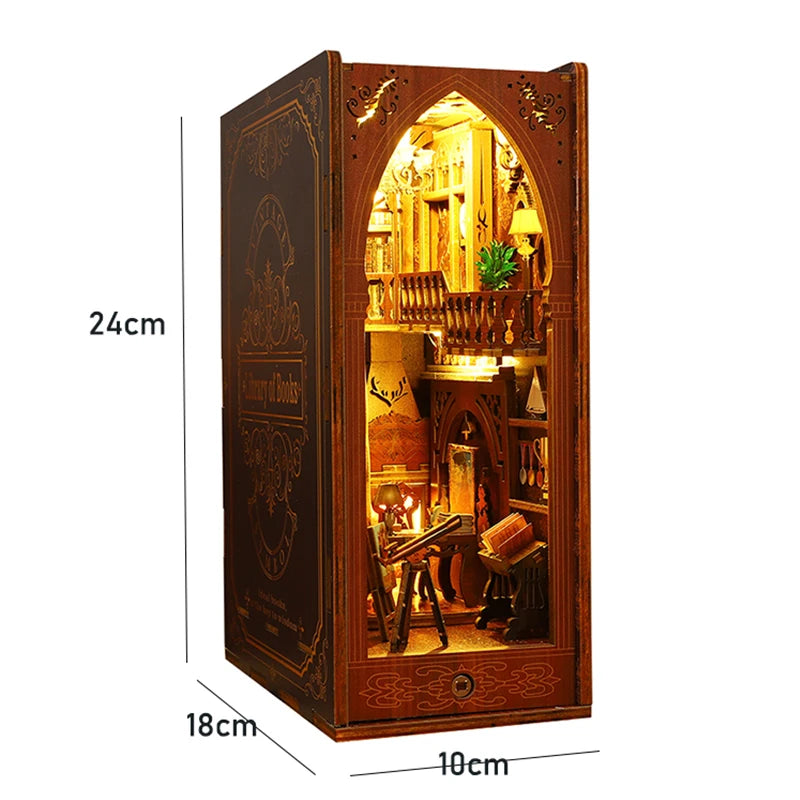 DIY Book Nook Shelf Insert Kit 3D Wooden Puzzle Doll House Assembly Building Model Bookends With Furniture LED Light Xmas Gifts 16