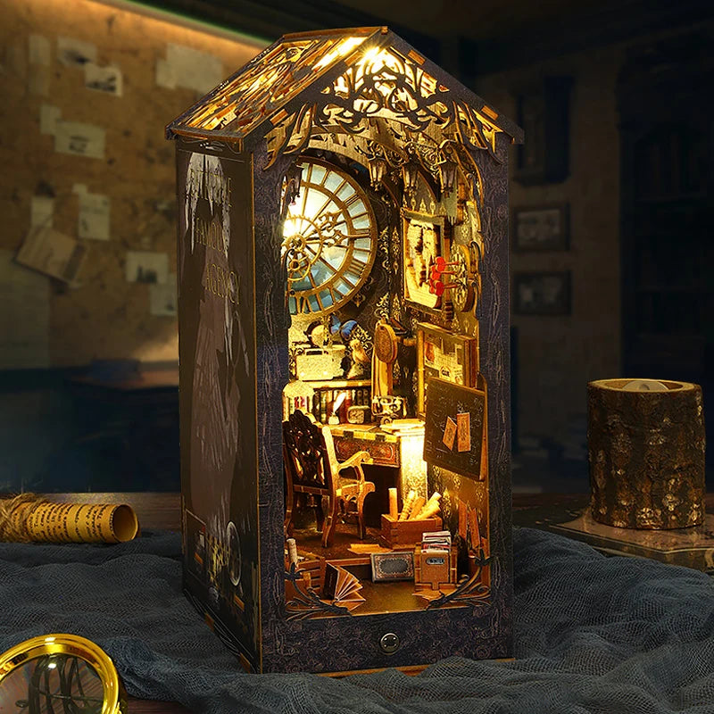 DIY Book Nook Shelf Insert Kit 3D Wooden Puzzle Doll House Assembly Building Model Bookends With Furniture LED Light Xmas Gifts 2