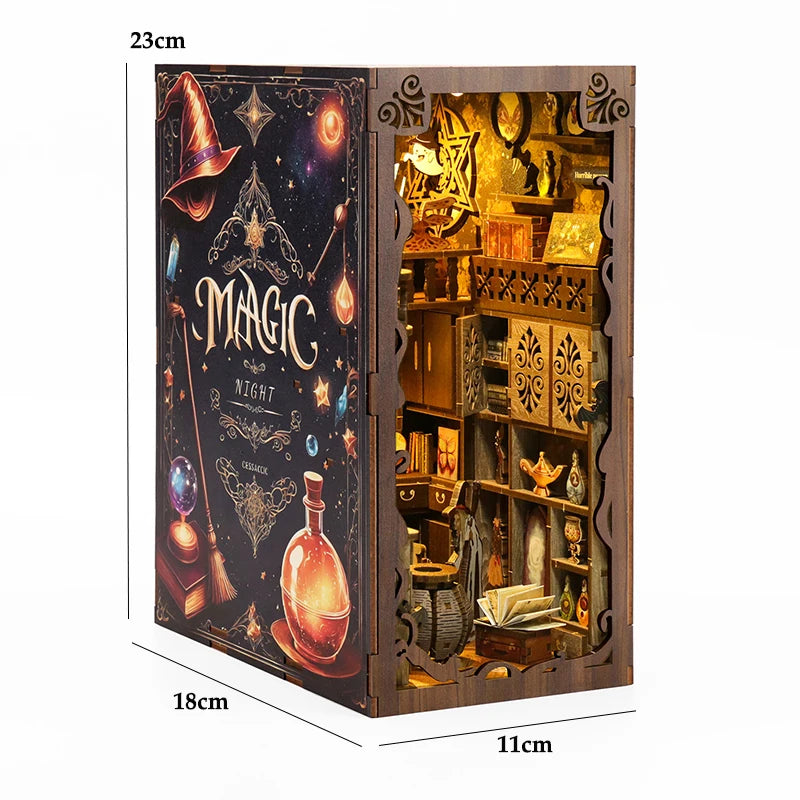 DIY Book Nook Shelf Insert Kit 3D Wooden Puzzle Doll House Assembly Building Model Bookends With Furniture LED Light Xmas Gifts 20