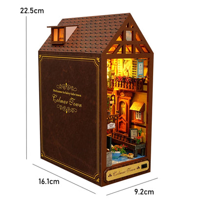DIY Book Nook Shelf Insert Kit 3D Wooden Puzzle Doll House Assembly Building Model Bookends With Furniture LED Light Xmas Gifts 21