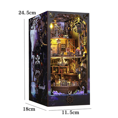 DIY Book Nook Shelf Insert Kit 3D Wooden Puzzle Doll House Assembly Building Model Bookends With Furniture LED Light Xmas Gifts 24