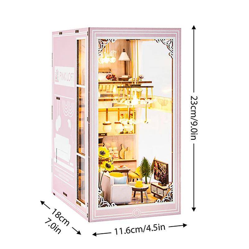 DIY Book Nook Shelf Insert Kit 3D Wooden Puzzle Doll House Assembly Building Model Bookends With Furniture LED Light Xmas Gifts 25