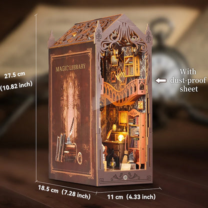 DIY Book Nook Shelf Insert Kit 3D Wooden Puzzle Doll House Assembly Building Model Bookends With Furniture LED Light Xmas Gifts 26