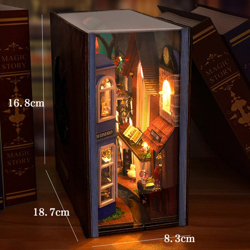 DIY Book Nook Shelf Insert Kit 3D Wooden Puzzle Doll House Assembly Building Model Bookends With Furniture LED Light Xmas Gifts 27