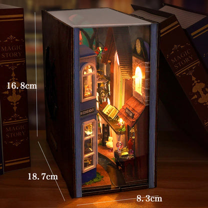 DIY Book Nook Shelf Insert Kit 3D Wooden Puzzle Doll House Assembly Building Model Bookends With Furniture LED Light Xmas Gifts 27