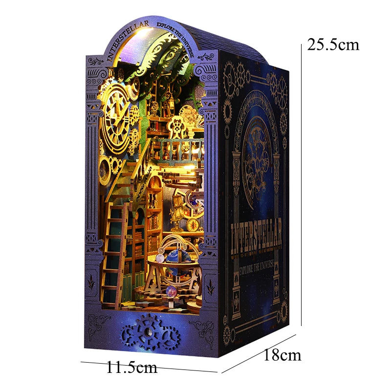 DIY Book Nook Shelf Insert Kit 3D Wooden Puzzle Doll House Assembly Building Model Bookends With Furniture LED Light Xmas Gifts 5