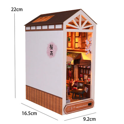 DIY Book Nook Shelf Insert Kit 3D Wooden Puzzle Doll House Assembly Building Model Bookends With Furniture LED Light Xmas Gifts 7