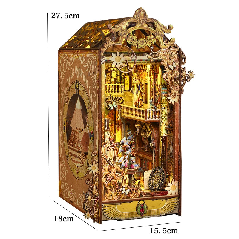 DIY Book Nook Shelf Insert Kit 3D Wooden Puzzle Doll House Assembly Building Model Bookends With Furniture LED Light Xmas Gifts 9