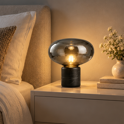 RoyaleGlow Smoked Glass Mushroom Table Lamp with Marble Base