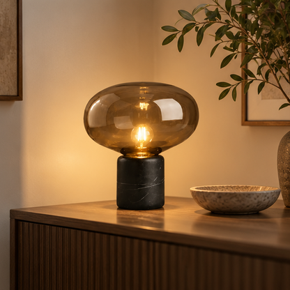 RoyaleGlow Smoked Glass Mushroom Table Lamp with Marble Base