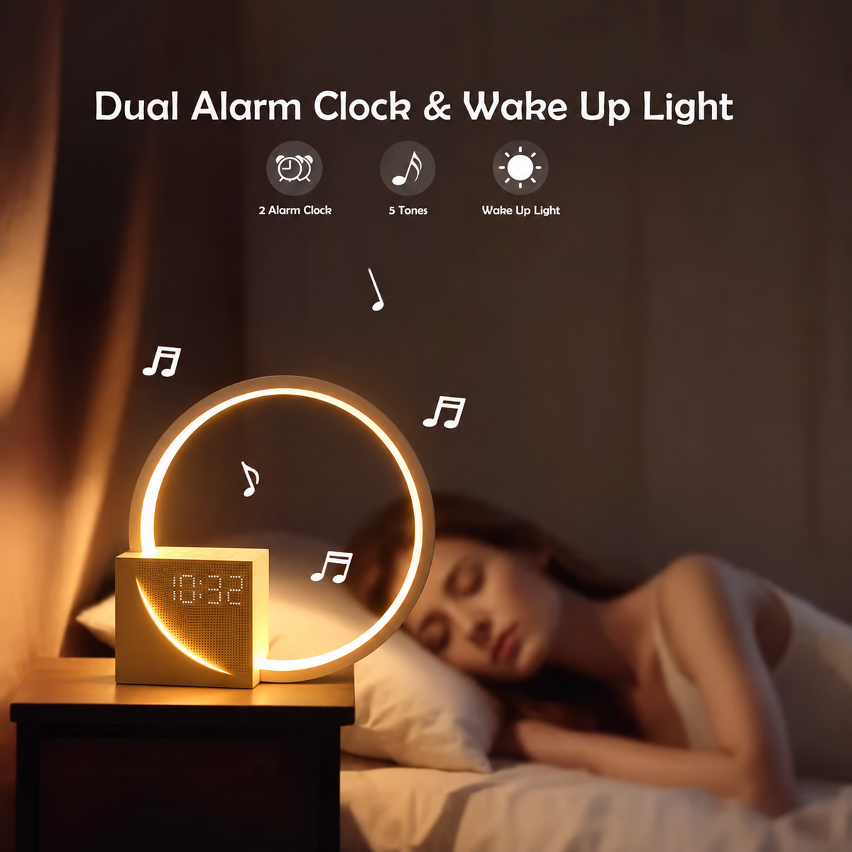 Lumora Halo Bedside Table Lamp With Alarm Clock Night Light
