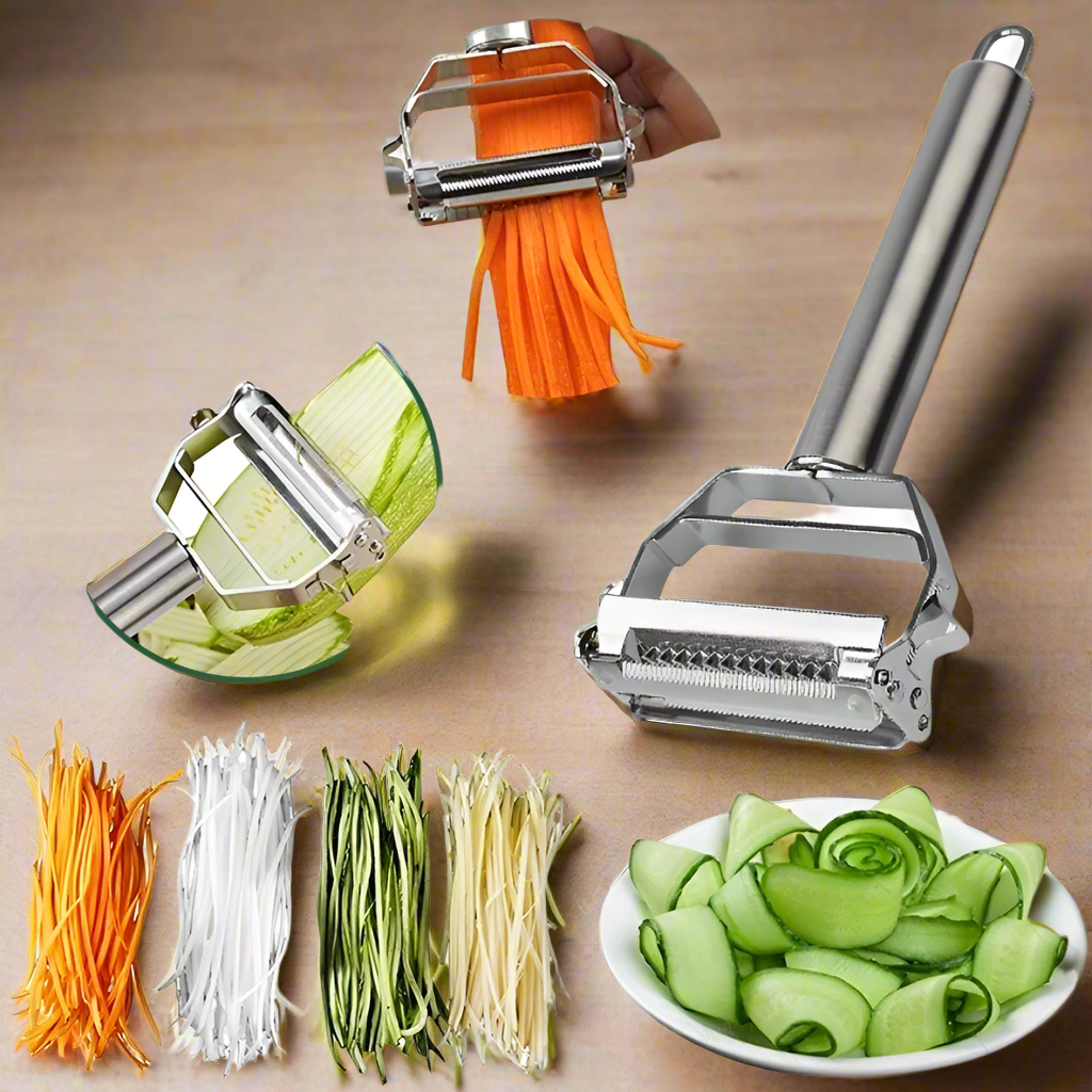 Multifunctional Stainless Steel Vegetable Peeler – ultra-sharp dual blades for effortless peeling and julienne cutting. Rust-resistant, dishwasher-safe, and perfect for salads, cheese rolls, and healthy meals. Durable kitchen essential for every home!