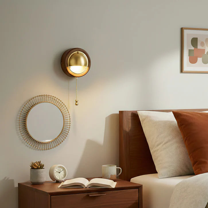 Royelux Modern Ash Wood & Brass Wall Sconce with Pull Chain Switch