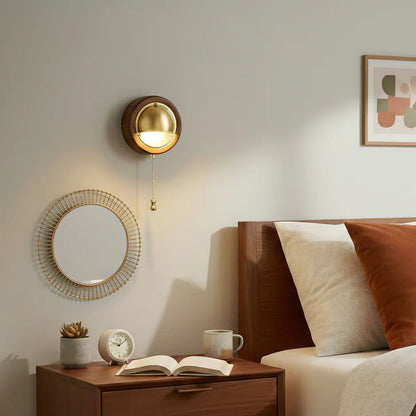Royelux Modern Ash Wood & Brass Wall Sconce with Pull Chain Switch