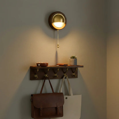 Royelux Modern Ash Wood & Brass Wall Sconce with Pull Chain Switch