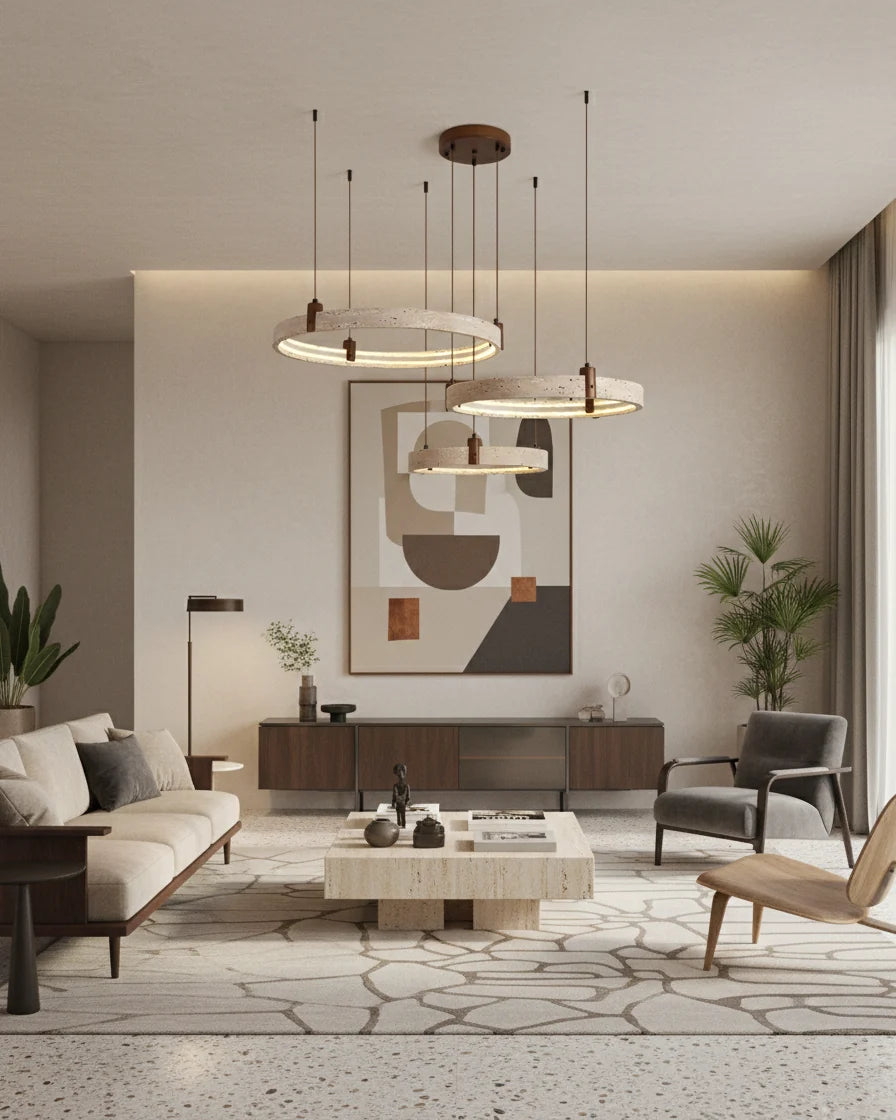 Royelux Modern Circular Travertine Chandelier with LED Light for Dining Room, Living Room