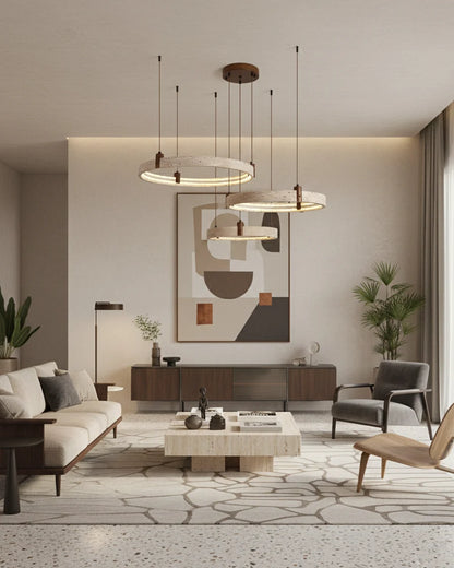 Royelux Modern Circular Travertine Chandelier with LED Light for Dining Room, Living Room
