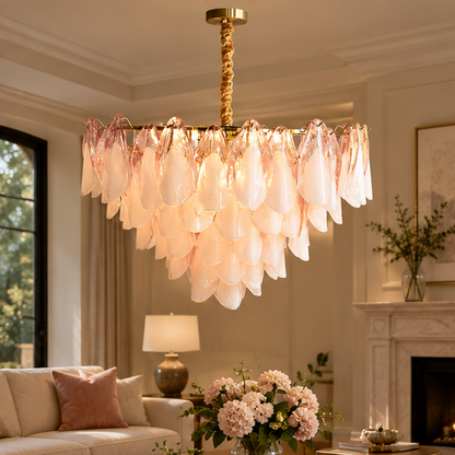 RoyaleGlow Modern Glass Floral Chandelier Brass Hanging Light