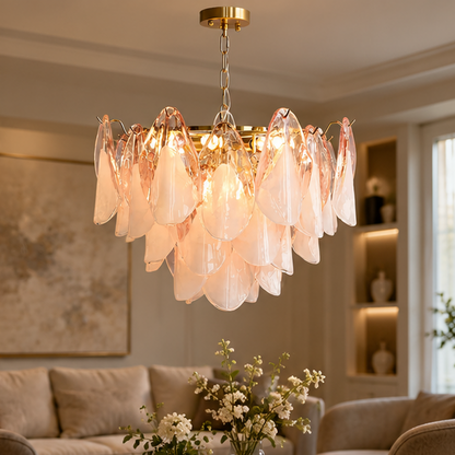 RoyaleGlow Modern Glass Floral Chandelier Brass Hanging Light
