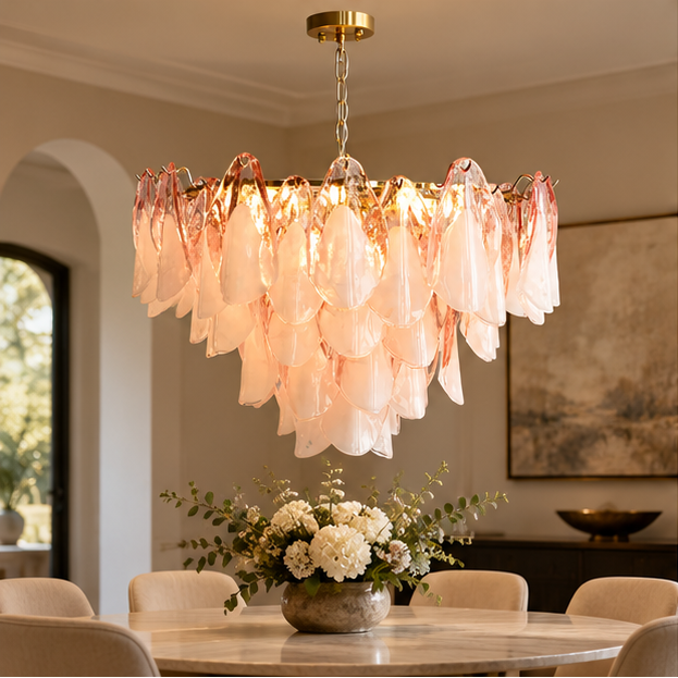 RoyaleGlow Modern Glass Floral Chandelier Brass Hanging Light