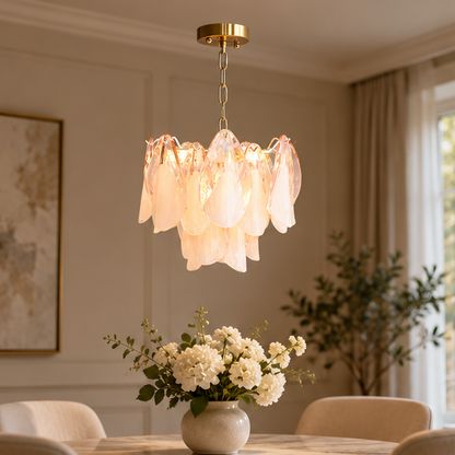 RoyaleGlow Modern Glass Floral Chandelier Brass Hanging Light