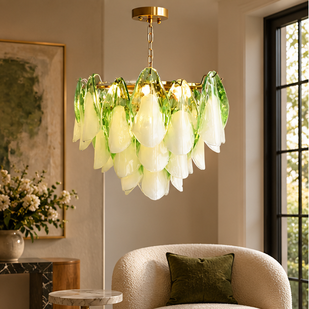 RoyaleGlow Modern Glass Floral Chandelier Brass Hanging Light