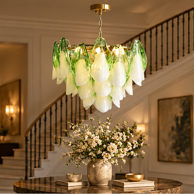 RoyaleGlow Modern Glass Floral Chandelier Brass Hanging Light