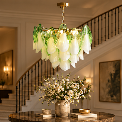 RoyaleGlow Modern Glass Floral Chandelier Brass Hanging Light