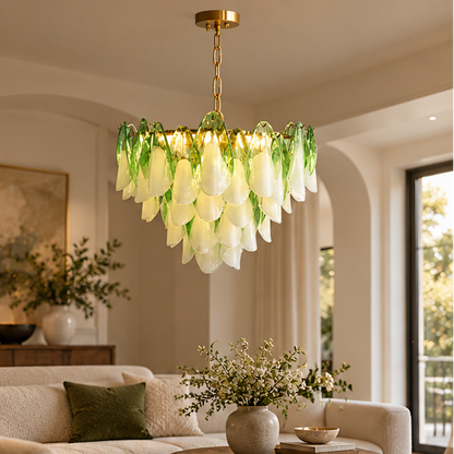 RoyaleGlow Modern Glass Floral Chandelier Brass Hanging Light