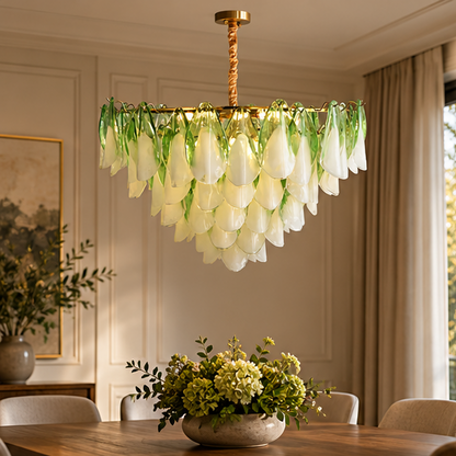 RoyaleGlow Modern Glass Floral Chandelier Brass Hanging Light
