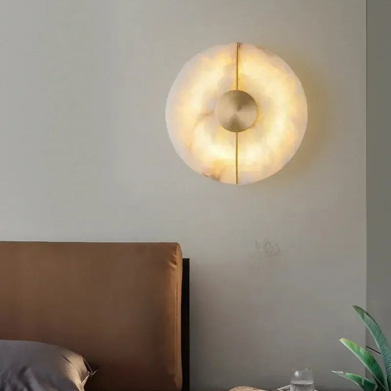 LuxRoyale Genuine Alabaster Round Wall Sconce - Modern LED Accent Light