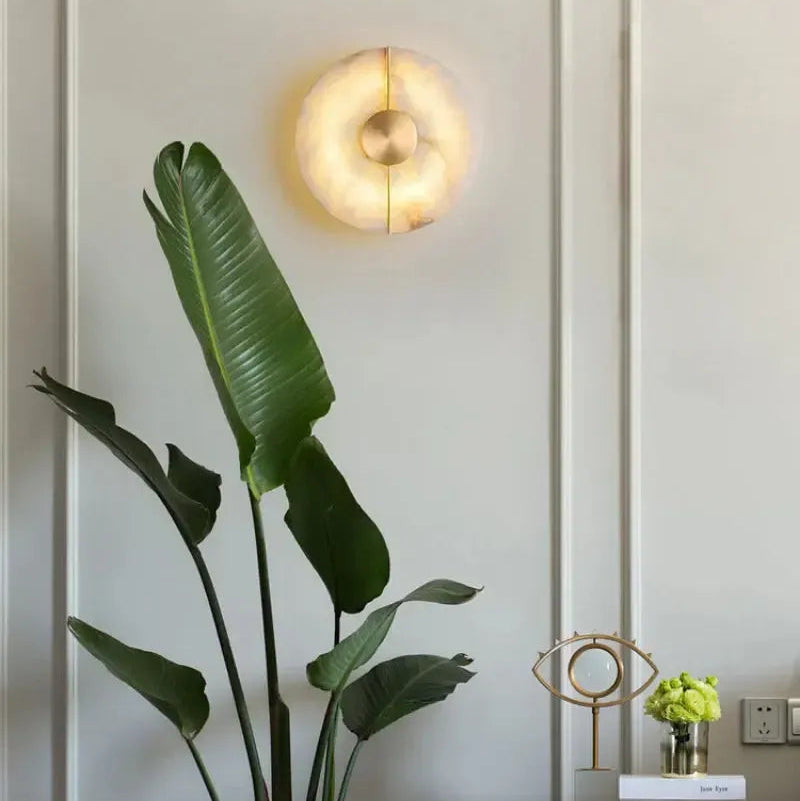 LuxRoyale Genuine Alabaster Round Wall Sconce - Modern LED Accent Light