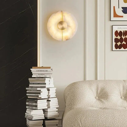 LuxRoyale Genuine Alabaster Round Wall Sconce - Modern LED Accent Light
