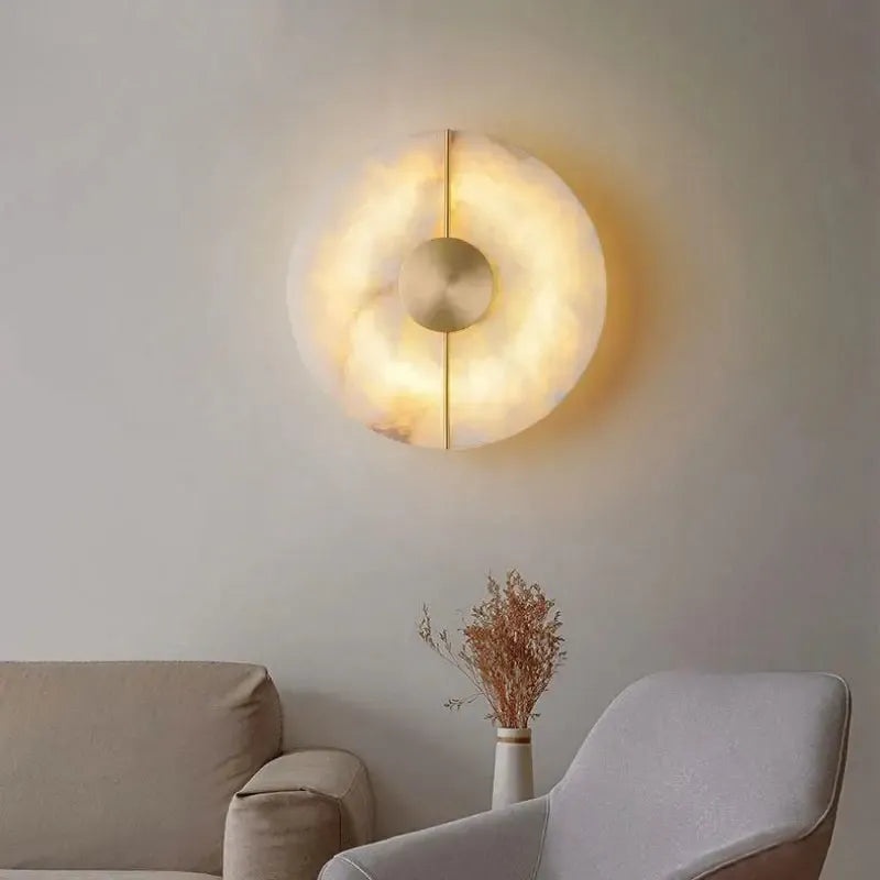 LuxRoyale Genuine Alabaster Round Wall Sconce - Modern LED Accent Light