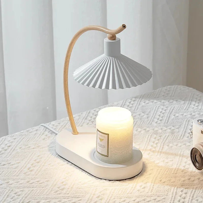 LuxRoyale Dimmable Candle Warmer Lamp with Timer, Wood Base & Pleated Shade