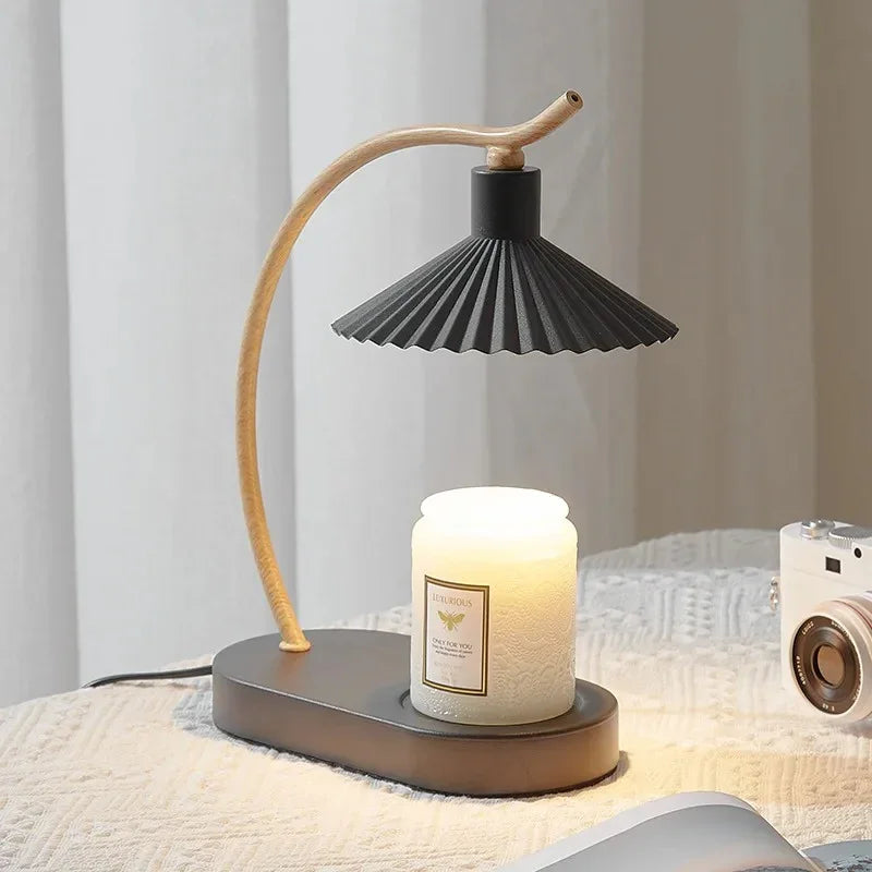 LuxRoyale Dimmable Candle Warmer Lamp with Timer, Wood Base & Pleated Shade