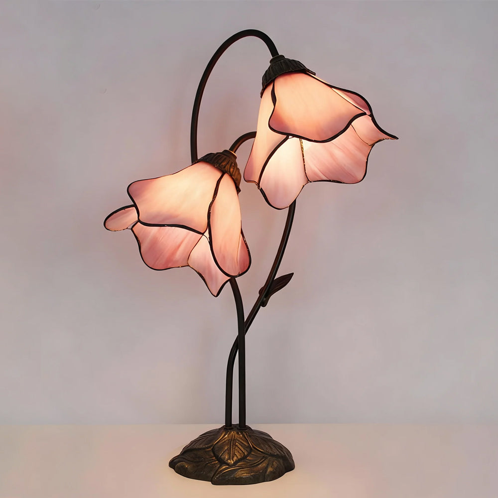 LuxRoyale Lotus Twin-Flower, Tiffany-Style Glass Table Lamp With Vintage Resin Base