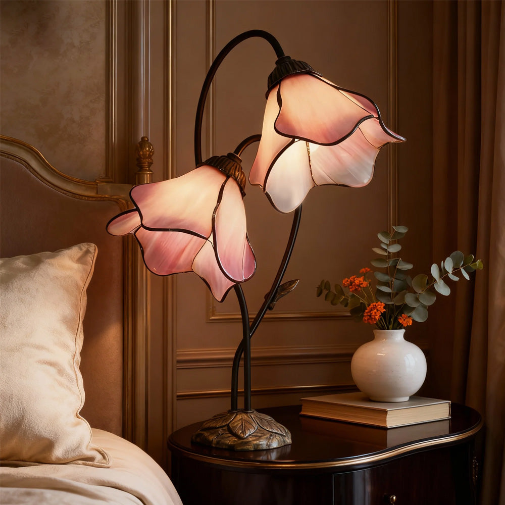 LuxRoyale Lotus Twin-Flower, Tiffany-Style Glass Table Lamp With Vintage Resin Base