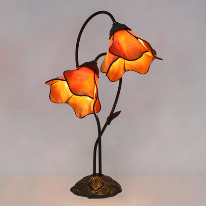 LuxRoyale Lotus Twin-Flower, Tiffany-Style Glass Table Lamp With Vintage Resin Base