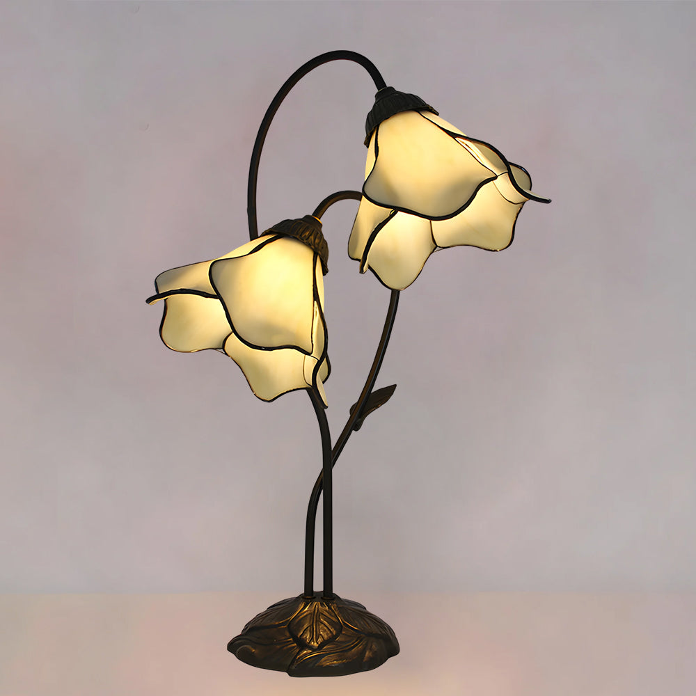 LuxRoyale Lotus Twin-Flower, Tiffany-Style Glass Table Lamp With Vintage Resin Base