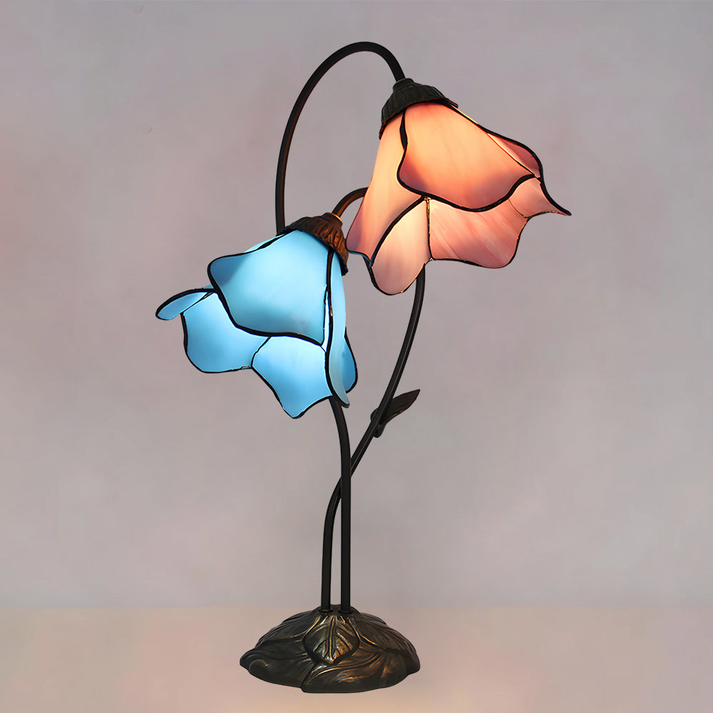 LuxRoyale Lotus Twin-Flower, Tiffany-Style Glass Table Lamp With Vintage Resin Base