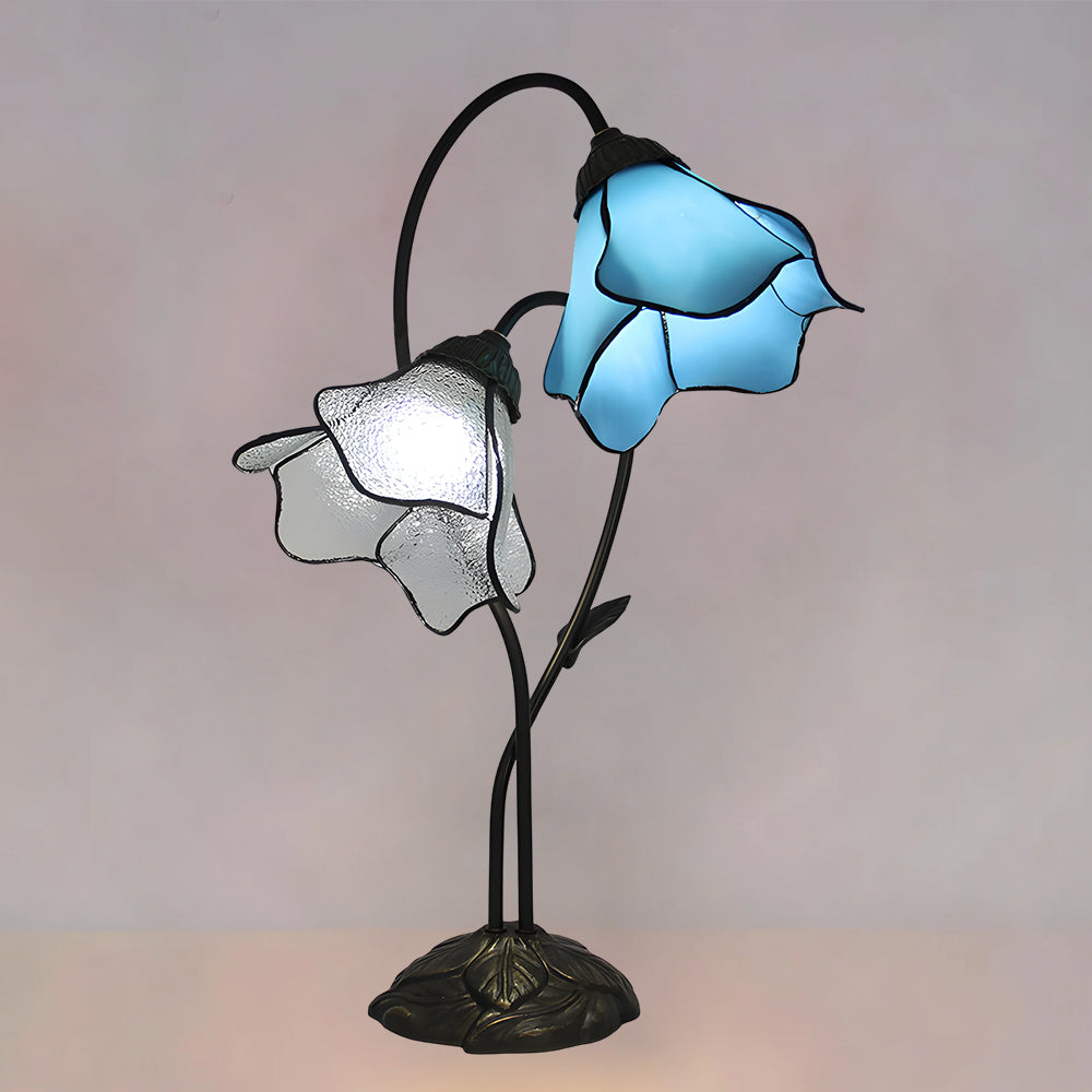 LuxRoyale Lotus Twin-Flower, Tiffany-Style Glass Table Lamp With Vintage Resin Base