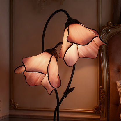 LuxRoyale Lotus Twin-Flower, Tiffany-Style Glass Table Lamp With Vintage Resin Base