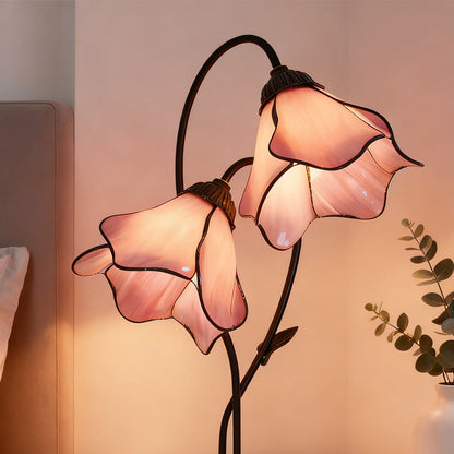 LuxRoyale Lotus Twin-Flower, Tiffany-Style Glass Table Lamp With Vintage Resin Base