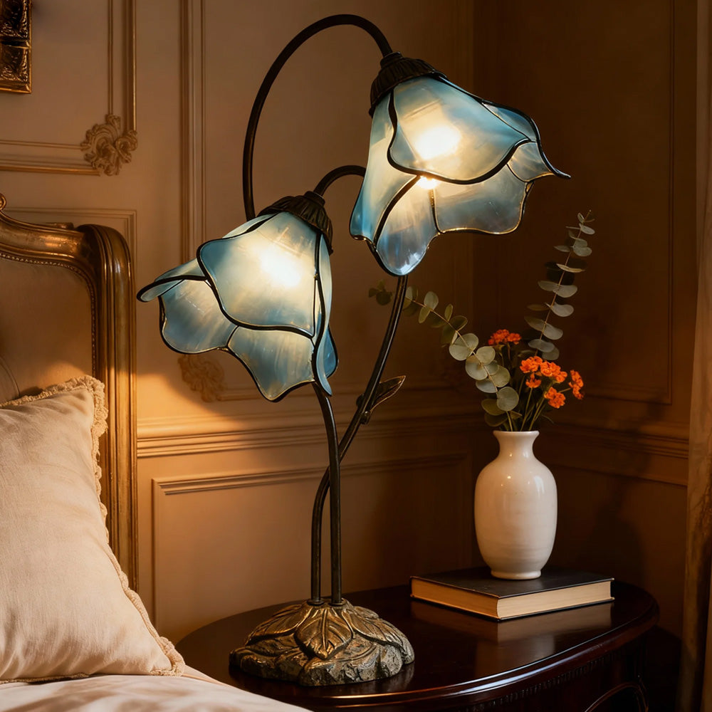 LuxRoyale Lotus Twin-Flower, Tiffany-Style Glass Table Lamp With Vintage Resin Base