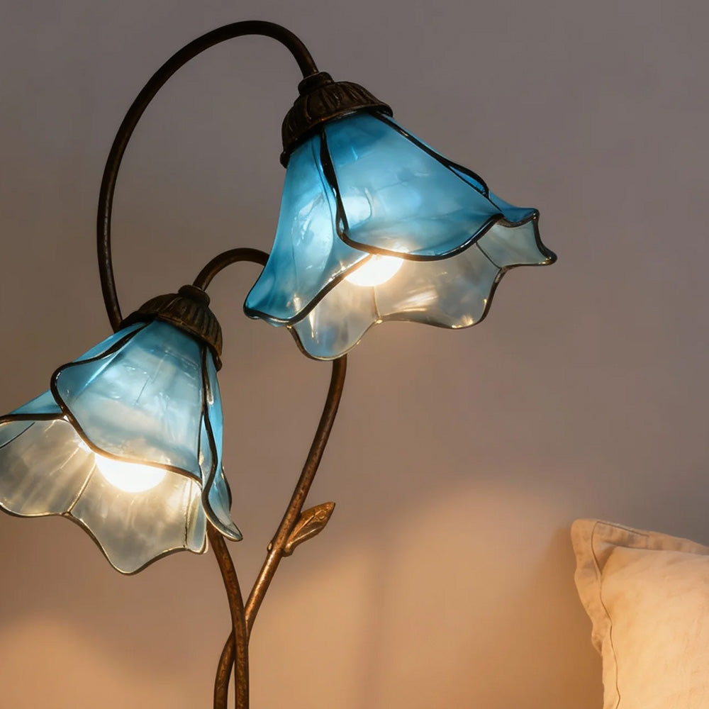 LuxRoyale Lotus Twin-Flower, Tiffany-Style Glass Table Lamp With Vintage Resin Base