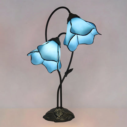 LuxRoyale Lotus Twin-Flower, Tiffany-Style Glass Table Lamp With Vintage Resin Base