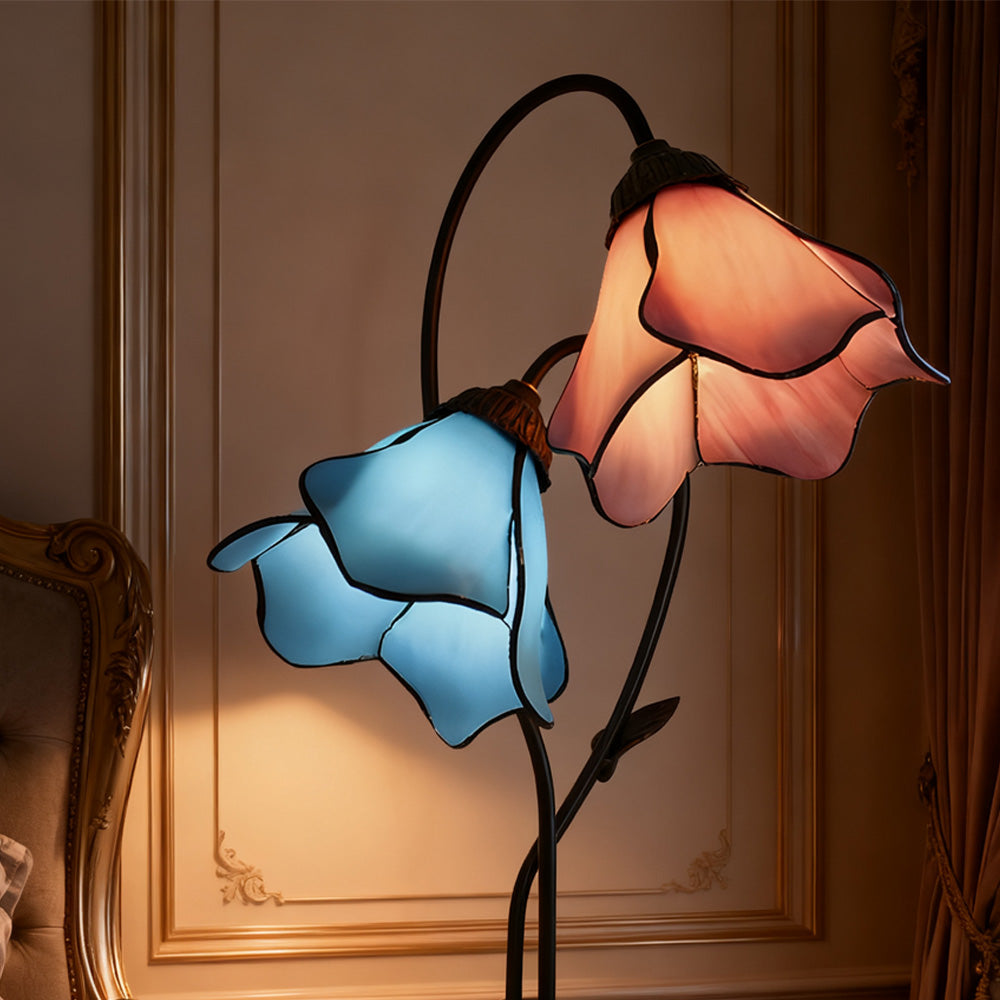 LuxRoyale Lotus Twin-Flower, Tiffany-Style Glass Table Lamp With Vintage Resin Base