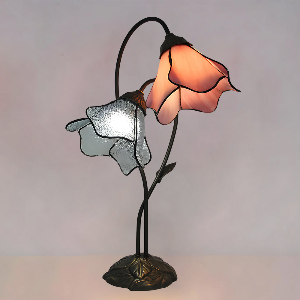 LuxRoyale Lotus Twin-Flower, Tiffany-Style Glass Table Lamp With Vintage Resin Base