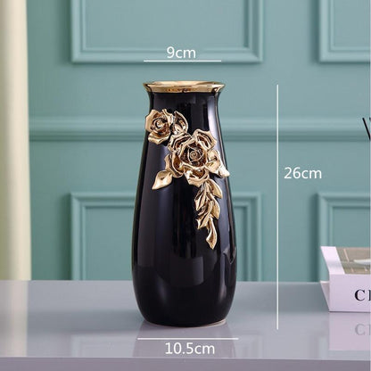 LuxRoyale Black & Gold Rose Ceramic Vase - Elegant 26cm Floral Decor-Royale Basic